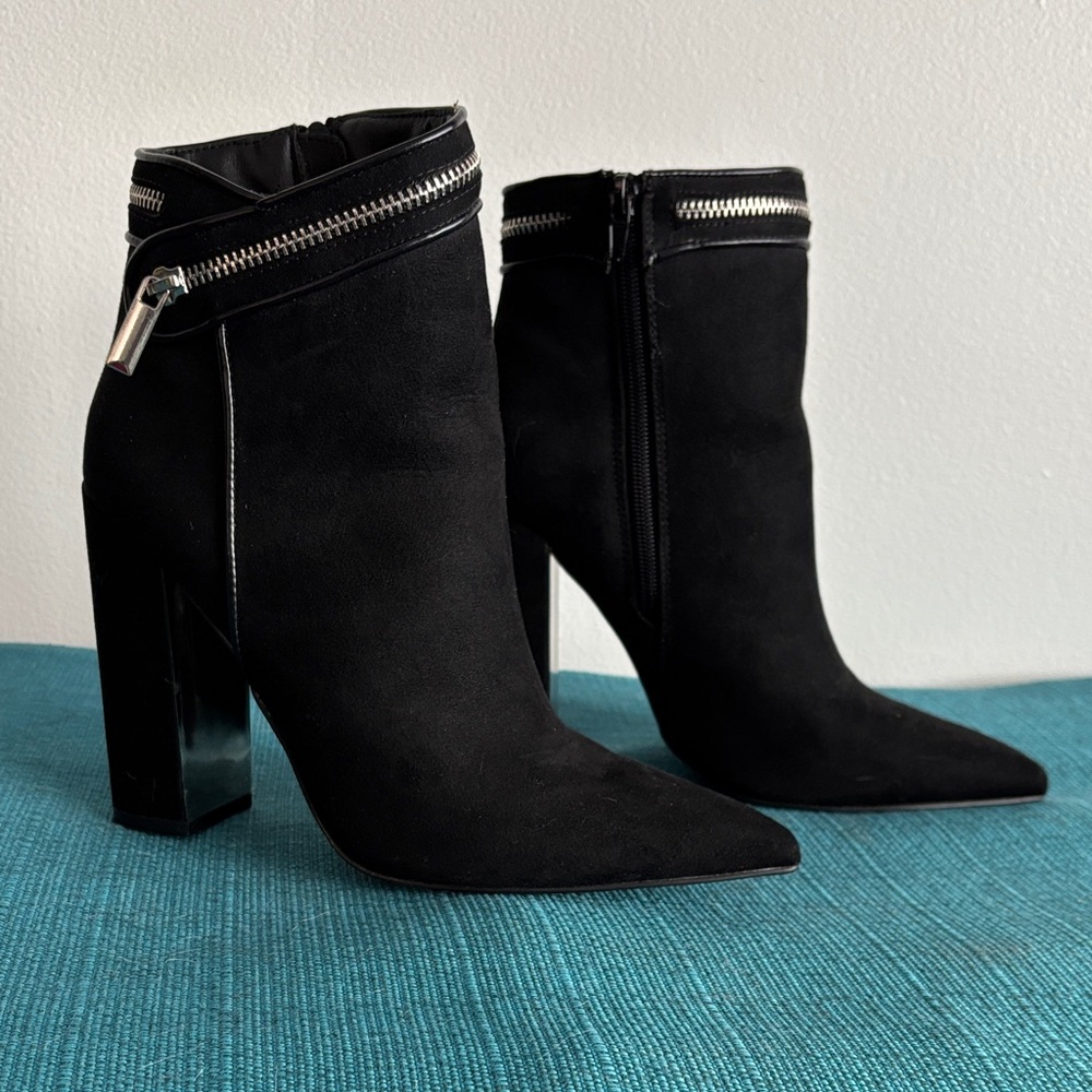 JustFab Black Heeled Boots with Silver Accents